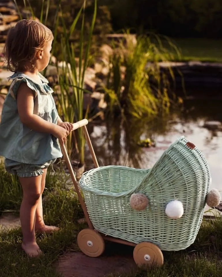 Wicker Dolls Pram - Dirty Mint