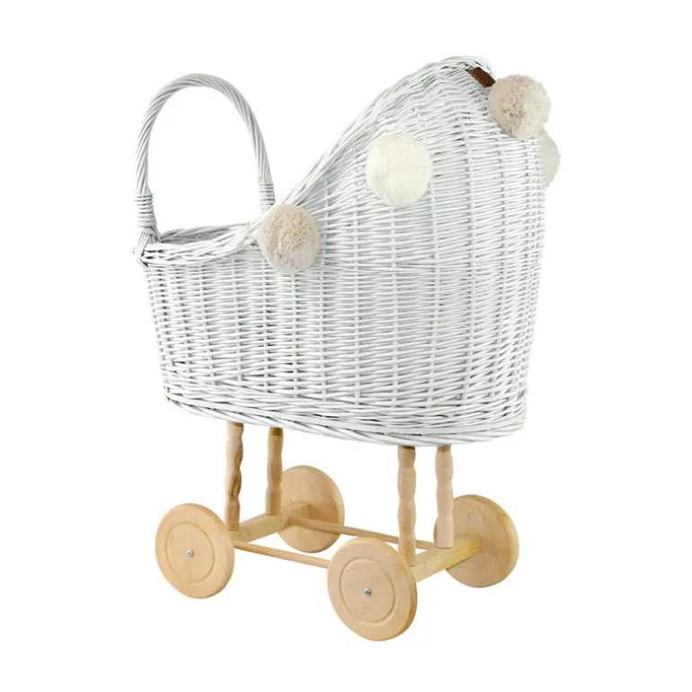 Wicker Dolls Pram High - White