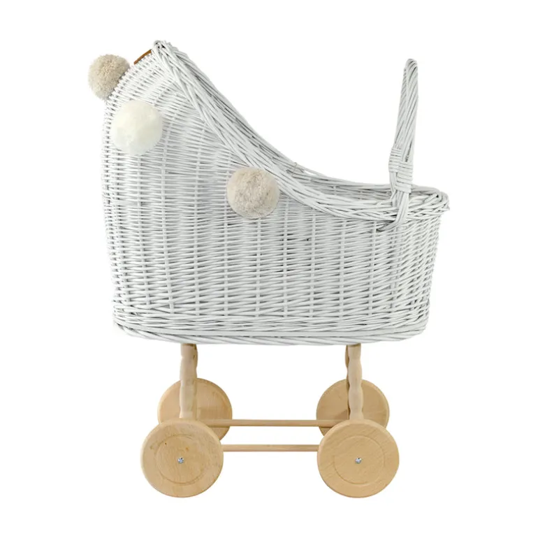 Wicker Dolls Pram High - White