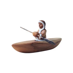 Wooden Eskimo With Canoe