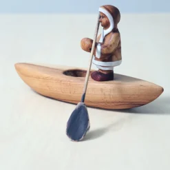 Wooden Eskimo With Canoe