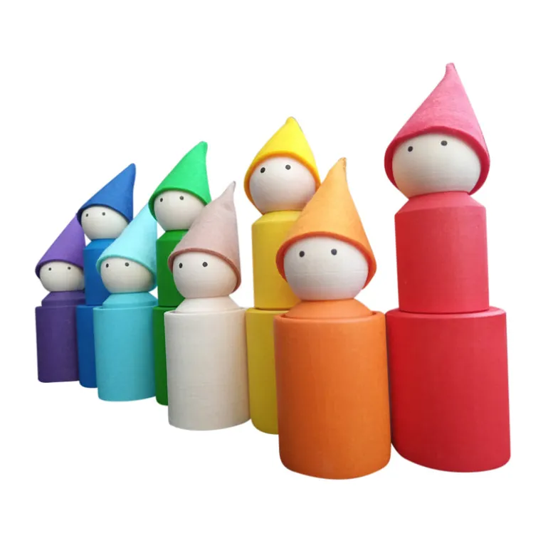 Wooden Peg Dolls With Cups - Rainbow