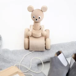 Wooden Pull Along Bear In Car - Teddy